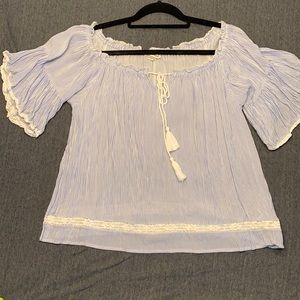 Blue stripped off the shoulder blouse with lace